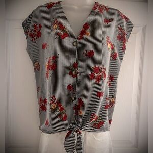 Tie front floral striped top